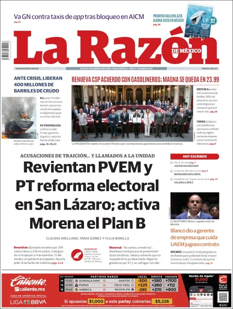 Portada de La Razon del jueves, 12 de marzo de 2026