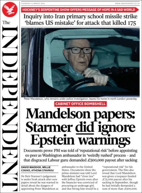Portada de The Independent del jueves, 12 de marzo de 2026