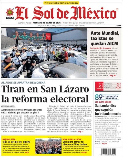 Portada de El Sol de Mexico del jueves, 12 de marzo de 2026