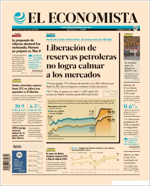 Portada de El Economista del jueves, 12 de marzo de 2026