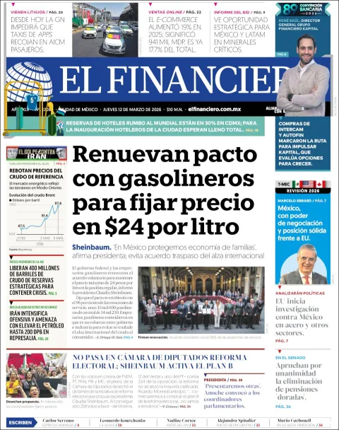 Portada de El Financiero del jueves, 12 de marzo de 2026