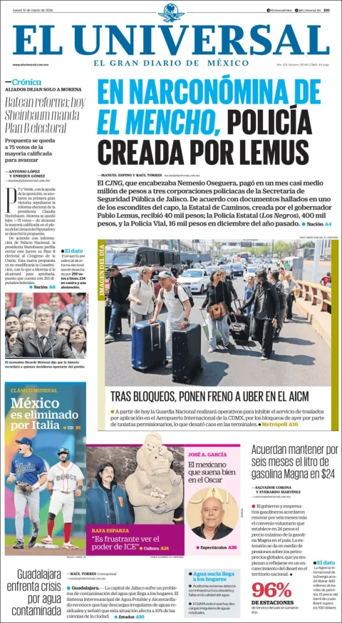 Portada de El Universal del jueves, 12 de marzo de 2026