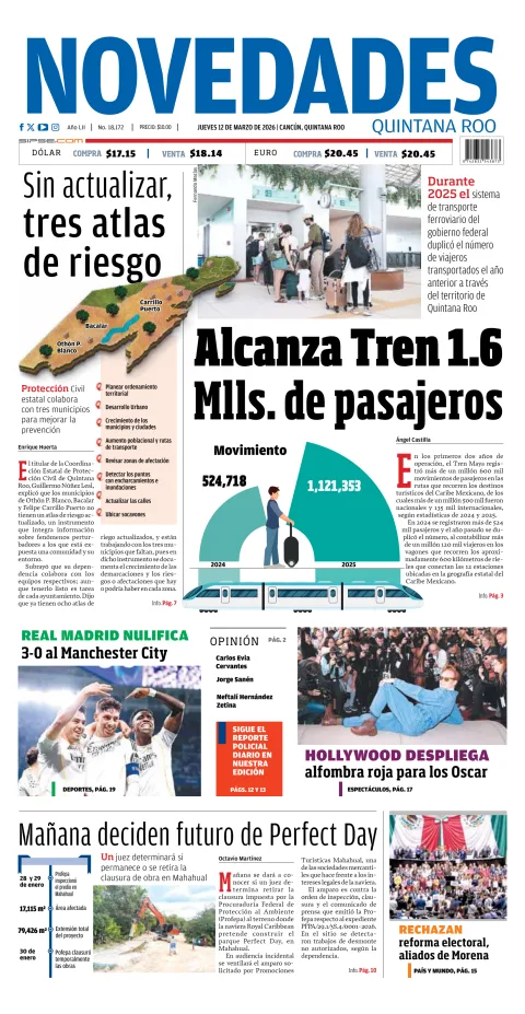 Portada de Novedades Quintana Roo del jueves, 12 de marzo de 2026