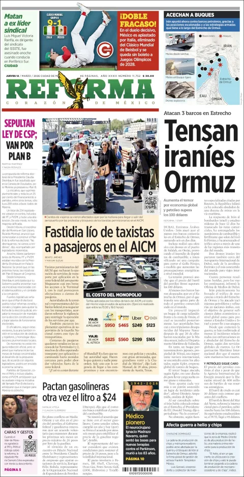 Portada de Reforma del jueves, 12 de marzo de 2026