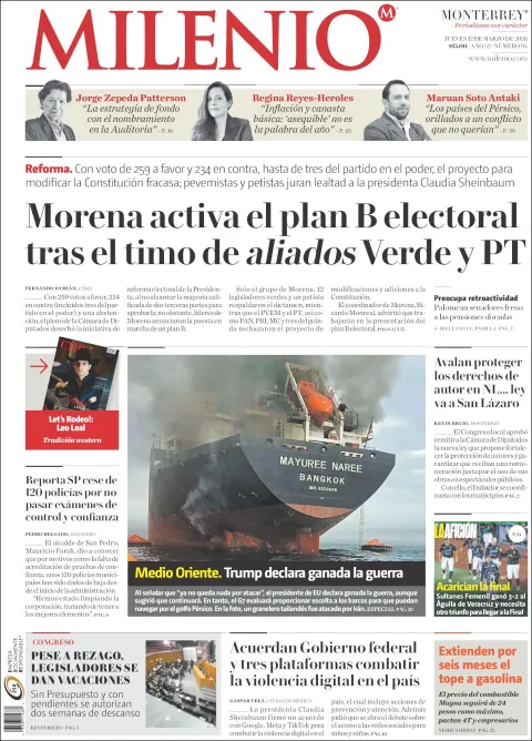 Portada de Milenio del jueves, 12 de marzo de 2026
