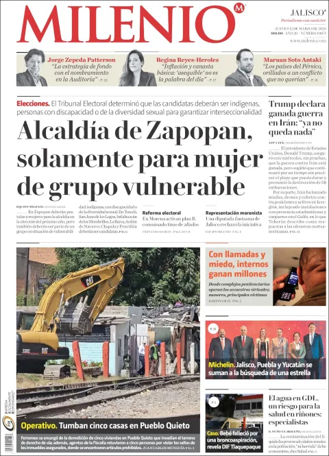 Portada de Milenio Jalisco del jueves, 12 de marzo de 2026