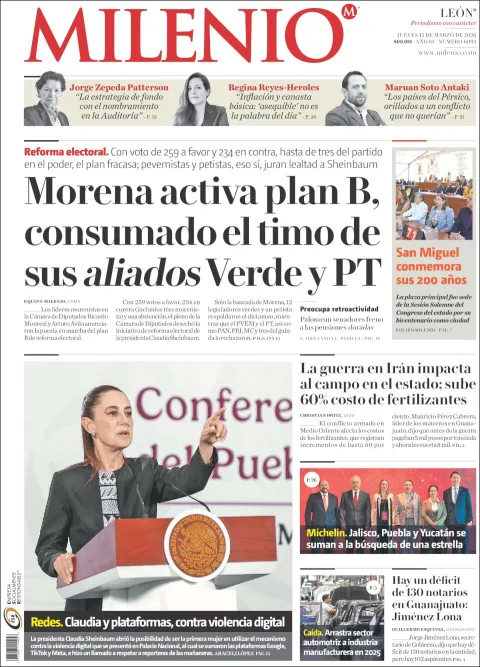 Portada de Milenio Leon del jueves, 12 de marzo de 2026
