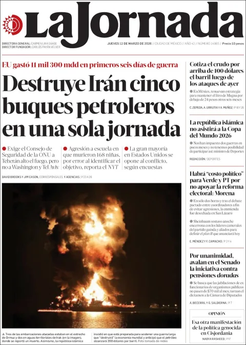 Portada de La Jornada del jueves, 12 de marzo de 2026