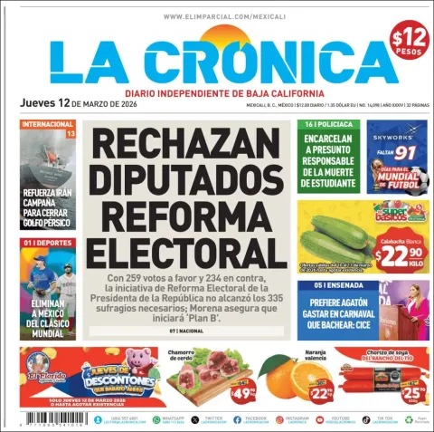 Portada de La Cronica del jueves, 12 de marzo de 2026
