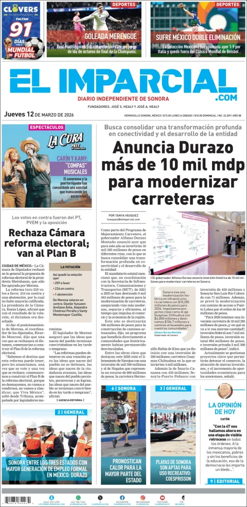 Portada de El Imparcial del jueves, 12 de marzo de 2026