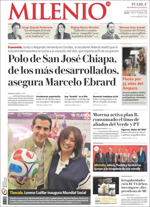 Portada de Milenio Puebla del jueves, 12 de marzo de 2026