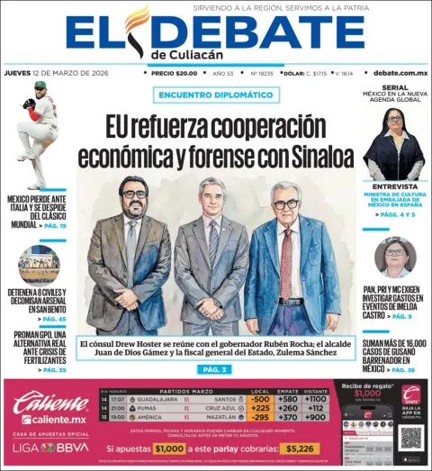 Portada de El Debate de Culiacan del jueves, 12 de marzo de 2026