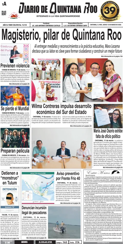 Portada de Diario de Quintana Roo (portada) del jueves, 12 de marzo de 2026