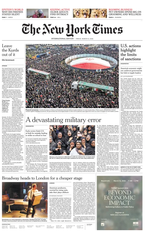 Portada de The New York Times (international) del viernes, 13 de marzo de 2026