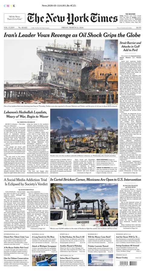 Portada de The New York Times (new York) del viernes, 13 de marzo de 2026