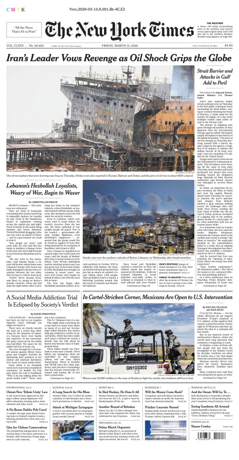 Portada de The New York Times (national) del viernes, 13 de marzo de 2026