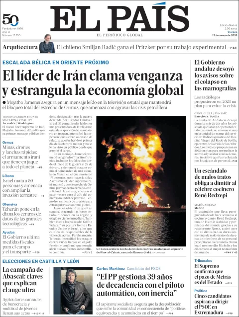 Portada de El Pais del viernes, 13 de marzo de 2026