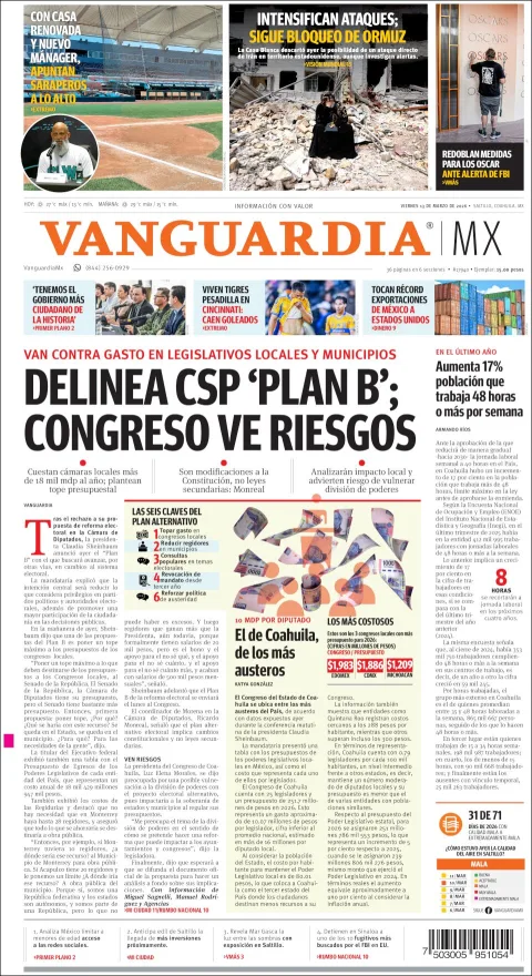 Portada de Vanguardia del viernes, 13 de marzo de 2026
