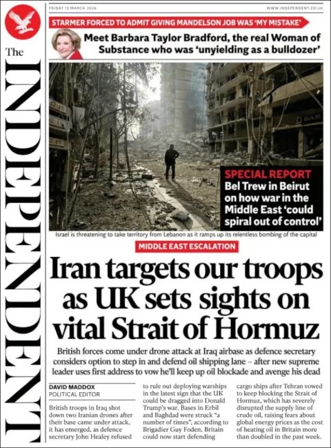 Portada de The Independent del viernes, 13 de marzo de 2026