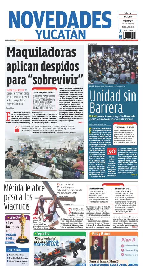 Portada de Novedades Yucatan del viernes, 13 de marzo de 2026