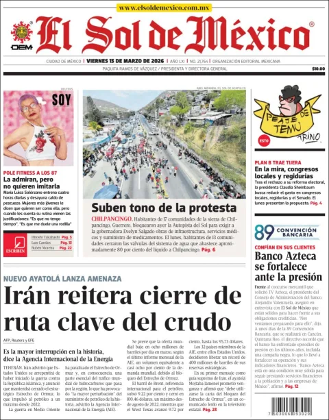 Portada de El Sol de Mexico del viernes, 13 de marzo de 2026
