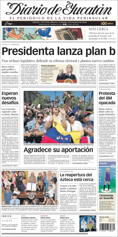 Portada de Diario de Yucatán del viernes, 13 de marzo de 2026