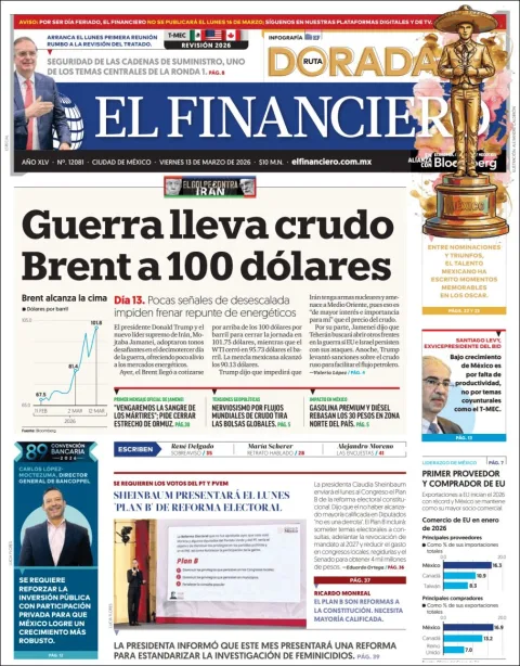 Portada de El Financiero del viernes, 13 de marzo de 2026