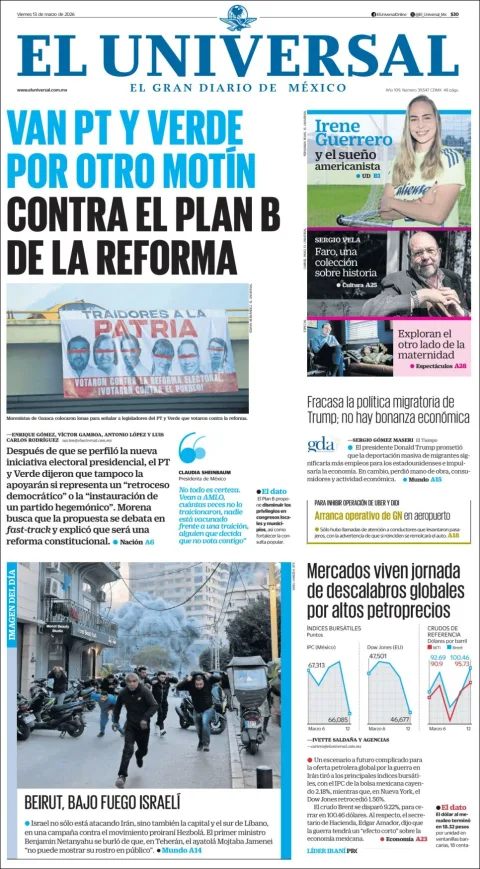 Portada de El Universal del viernes, 13 de marzo de 2026