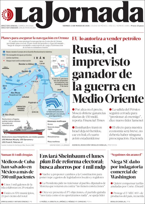 Portada de La Jornada del viernes, 13 de marzo de 2026
