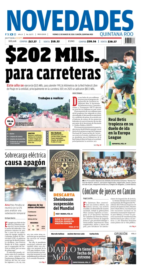 Portada de Novedades Quintana Roo del viernes, 13 de marzo de 2026