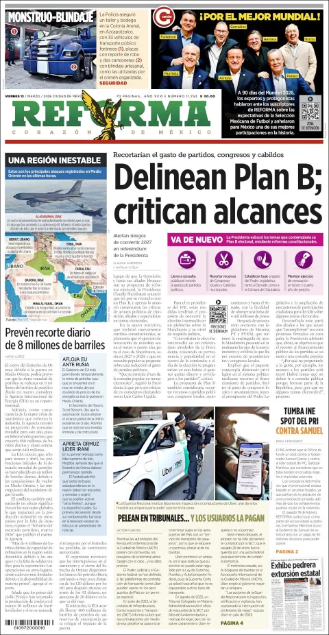 Portada de Reforma del viernes, 13 de marzo de 2026