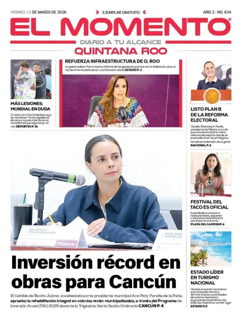 Portada de El Momento Quintana Roo del viernes, 13 de marzo de 2026