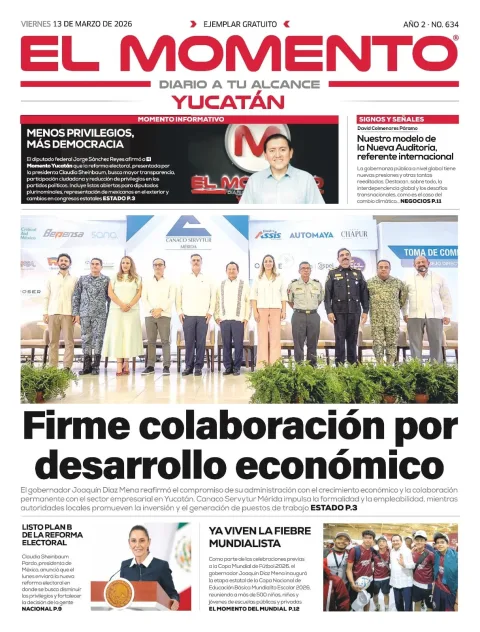 Portada de El Momento Yucatan del viernes, 13 de marzo de 2026