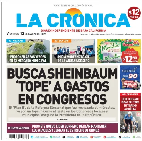 Portada de La Cronica del viernes, 13 de marzo de 2026