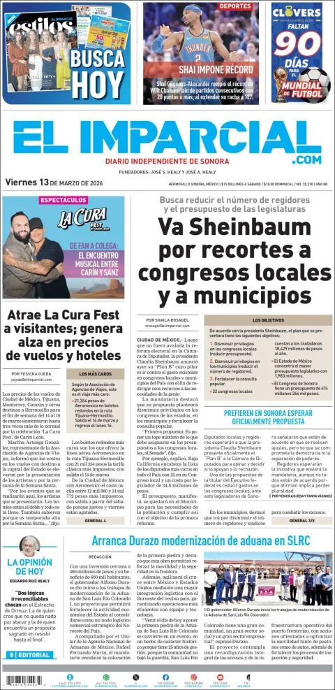 Portada de El Imparcial del viernes, 13 de marzo de 2026