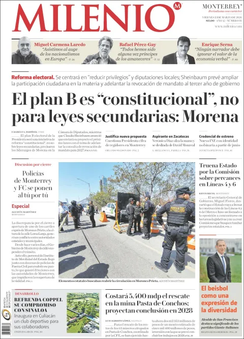 Portada de Milenio del viernes, 13 de marzo de 2026