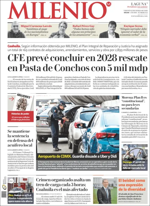 Portada de Milenio Laguna del viernes, 13 de marzo de 2026