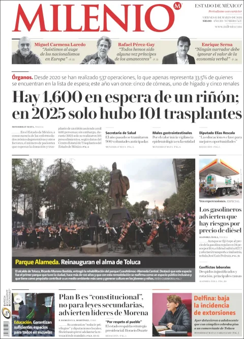 Portada de Milenio Edo de Mexico del viernes, 13 de marzo de 2026