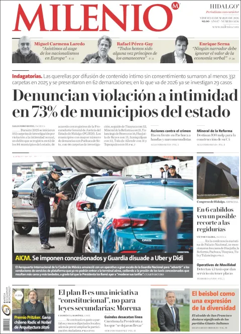 Portada de Milenio Hidalgo del viernes, 13 de marzo de 2026