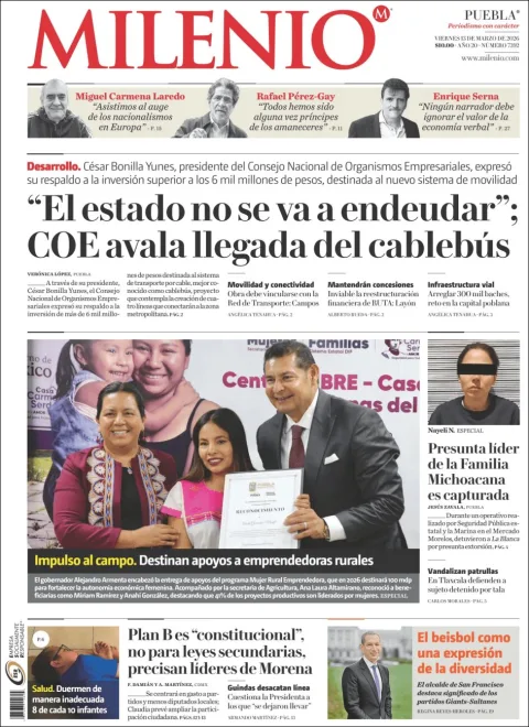 Portada de Milenio Puebla del viernes, 13 de marzo de 2026