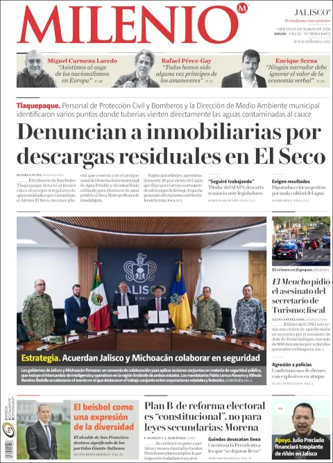 Portada de Milenio Jalisco del viernes, 13 de marzo de 2026
