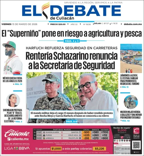 Portada de El Debate de Culiacan del viernes, 13 de marzo de 2026