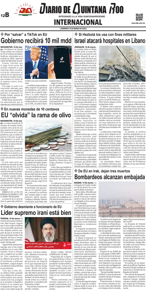 Portada de Diario de Quintana Roo (contra Portada) del domingo, 15 de marzo de 2026
