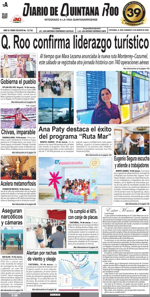 Portada de Diario de Quintana Roo (portada) del domingo, 15 de marzo de 2026