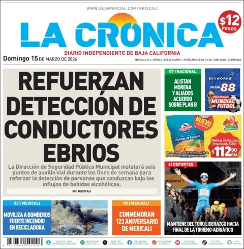 Portada de La Cronica del domingo, 15 de marzo de 2026