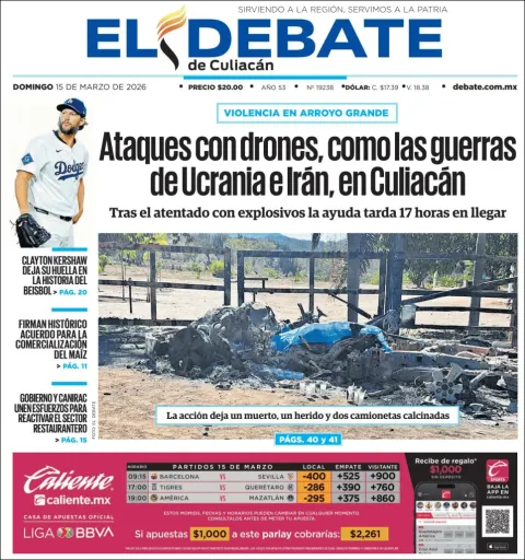 Portada de El Debate de Culiacan del domingo, 15 de marzo de 2026