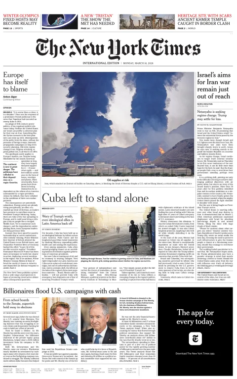 Portada de The New York Times (international) del lunes, 16 de marzo de 2026
