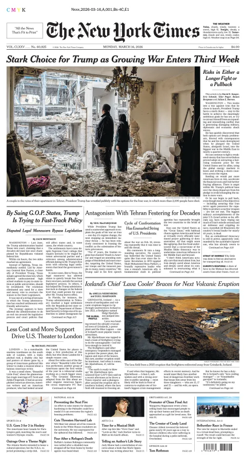 Portada de The New York Times (new York) del lunes, 16 de marzo de 2026