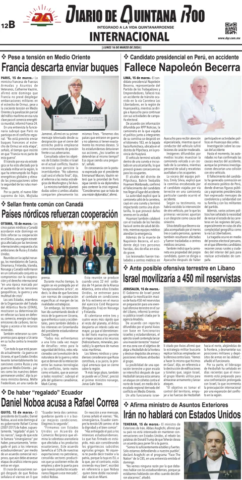 Portada de Diario de Quintana Roo (contra Portada) del lunes, 16 de marzo de 2026