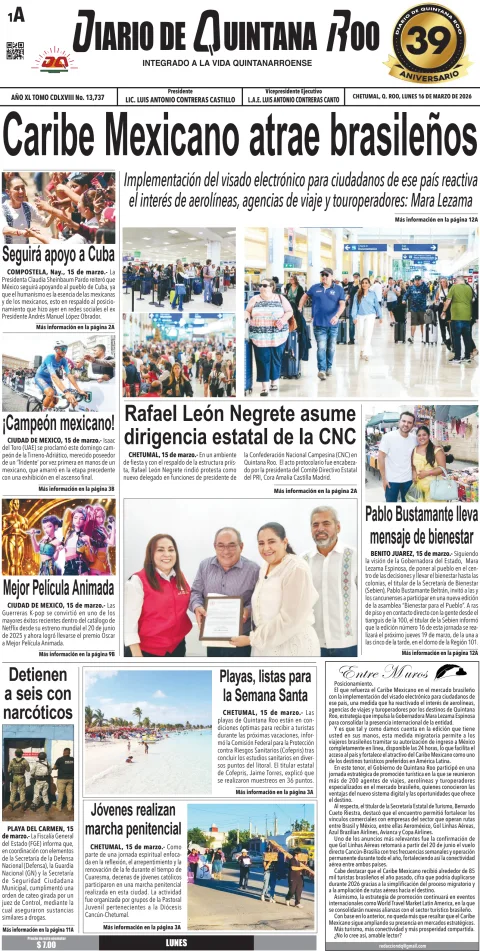 Portada de Diario de Quintana Roo (portada) del lunes, 16 de marzo de 2026